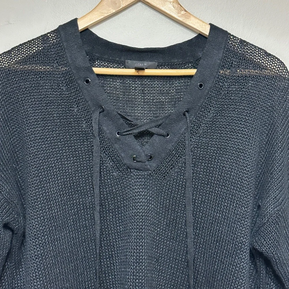 J.Crew Linen Open Knit Sweater Womens M Lace Up Pullover Oversized Slouchy Beach